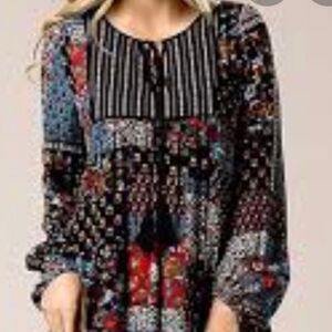 Andree Tunic Dress Small Long Sleeve Tassels Keyhole Neckline Boho Festival